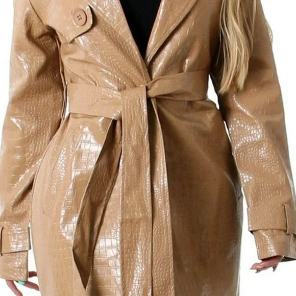 Croc Embossed Belted Trench coat man made leat Long sleeve Waist tie buc… - Picture 4 of 7